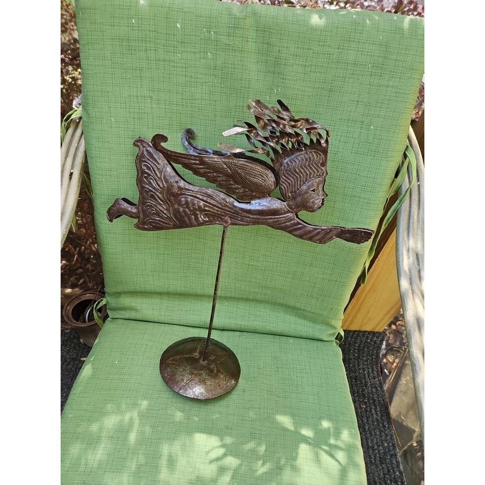 Vintage Metal Folk Art Angel Sculpture Primitive Brutalist Pierced 19x16 OOAK
